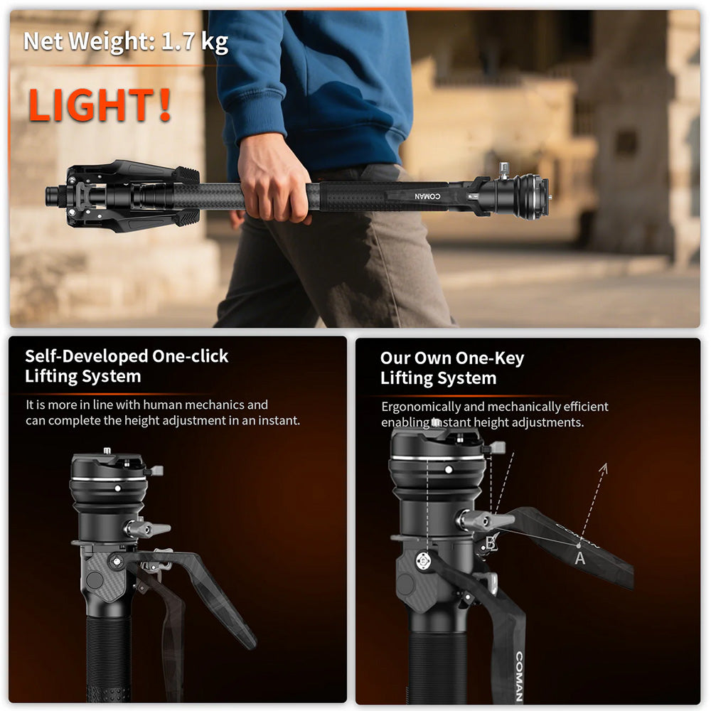 RefBall & COMAN M1S (Upgraded Version) Lightweight Carbon Fiber Monopod with Arca Quick Release 1655mm - RefBall Store