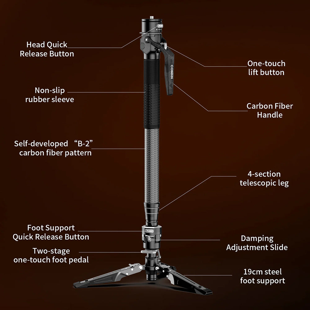 RefBall & COMAN M1 Pro Carbon Fiber Monopod 1645mm Quick Release Foot Lock 20kg Load - RefBall Store