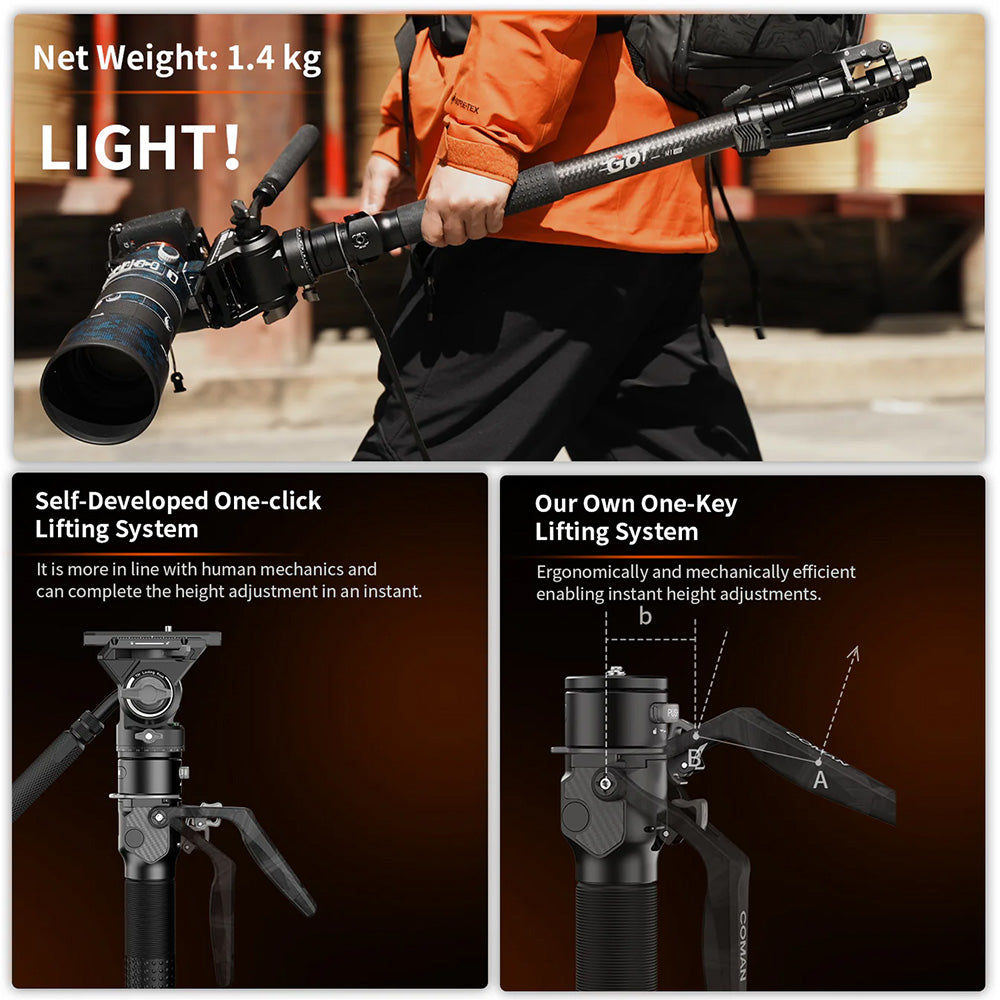 RefBall & COMAN M1 Pro V5 Camera Monopod with Fluid Head, One-Click Quick Release, and 1750mm Max Height - RefBall Store