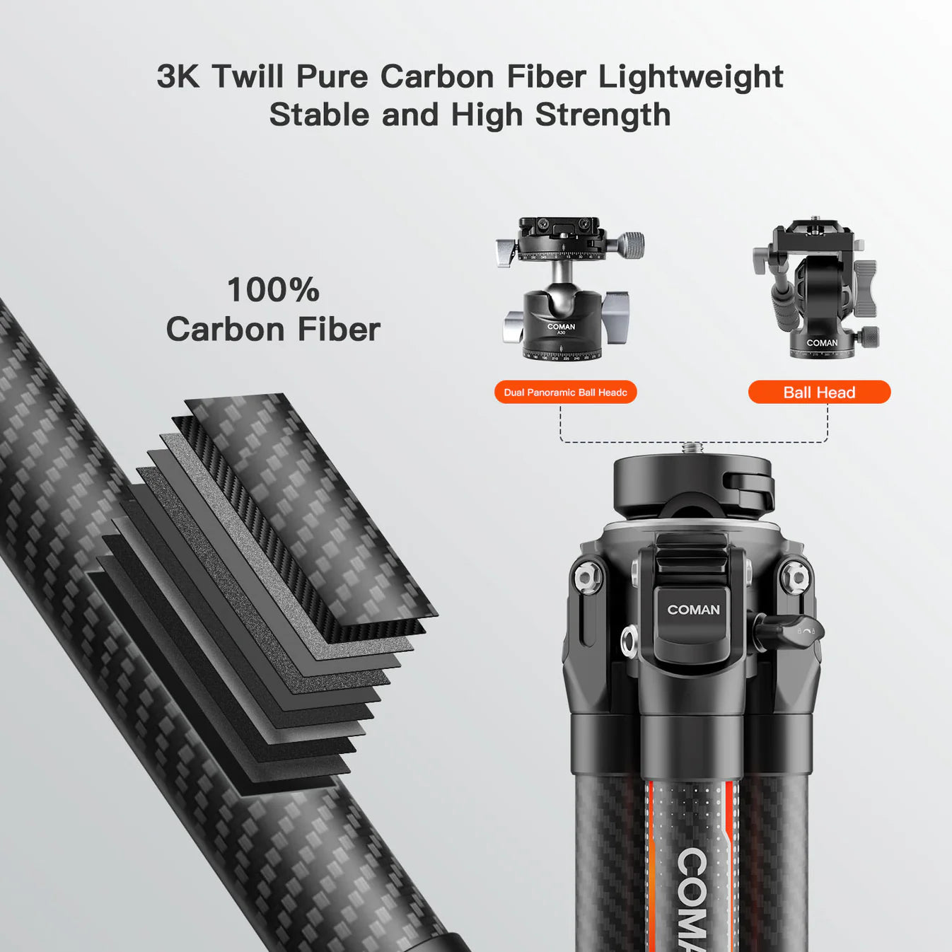 RefBall & Coman Light H Pro Carbon Fiber Tripod with 1-Second Lock/Unlock & Detachable Monopod - RefBall Store