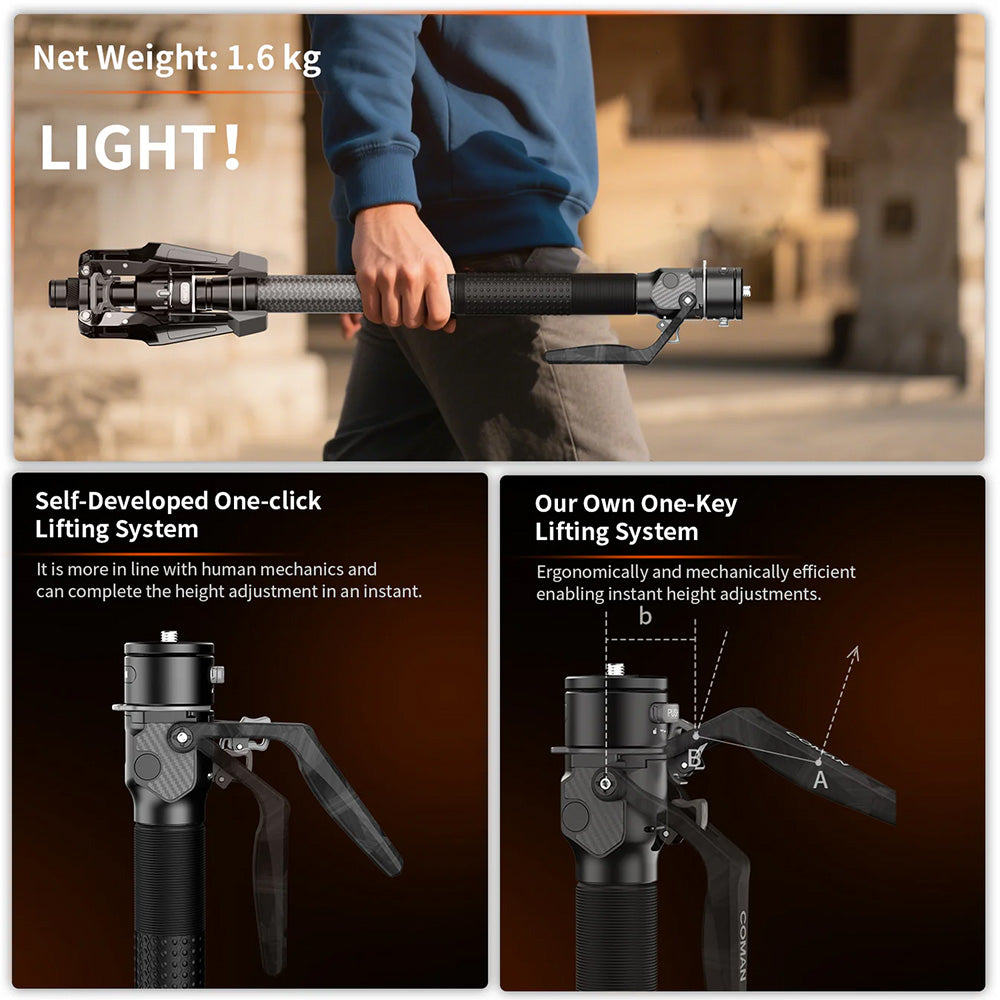 RefBall & COMAN M1 Pro Carbon Fiber Monopod 1645mm Quick Release Foot Lock 20kg Load - RefBall Store