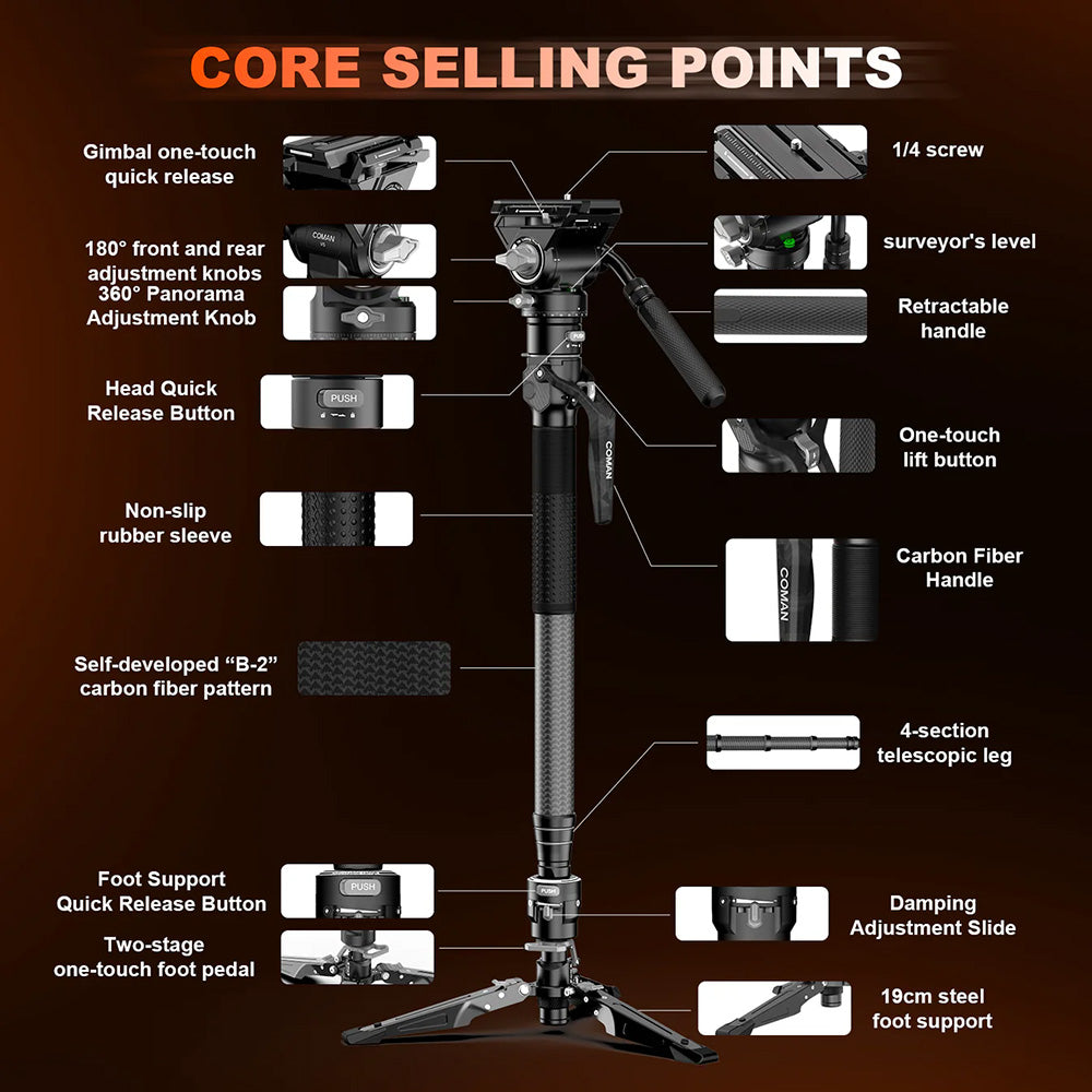 RefBall & COMAN M1S (Upgraded Version) Lightweight Carbon Fiber Monopod with Arca Quick Release 1655mm - RefBall Store