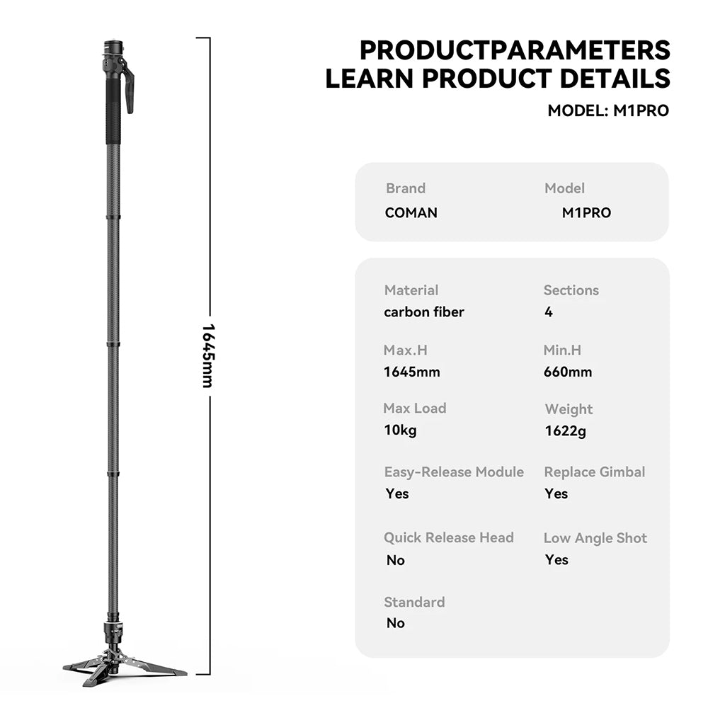 RefBall & COMAN M1 Pro Carbon Fiber Monopod 1645mm Quick Release Foot Lock 20kg Load - RefBall Store