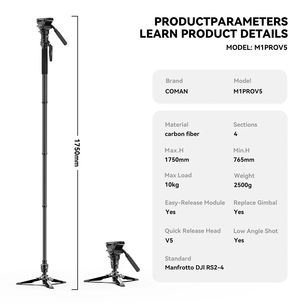 RefBall & COMAN M1 Pro V5 Camera Monopod with Fluid Head, One-Click Quick Release, and 1750mm Max Height - RefBall Store
