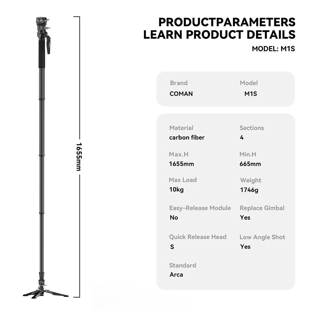 RefBall & COMAN M1S (Upgraded Version) Lightweight Carbon Fiber Monopod with Arca Quick Release 1655mm - RefBall Store